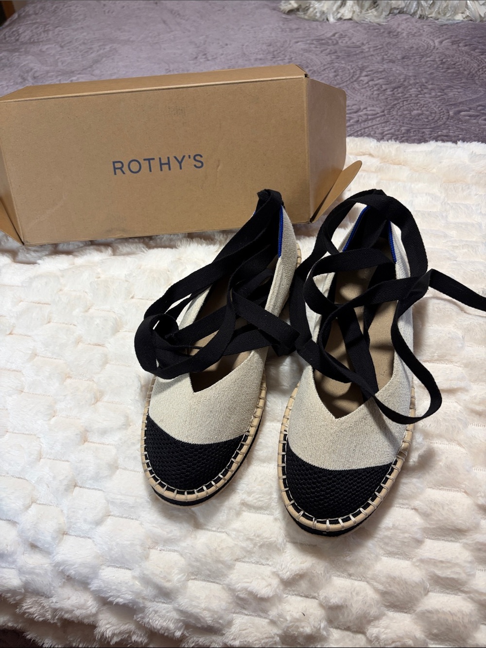 Rothy's Two-Tone Lace-Up Espadrilles in Cream and Black